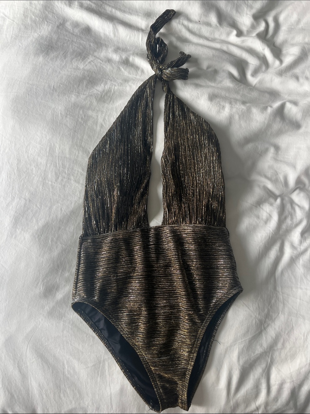 La Blanca Metallic Black and Gold Halter One-Piece Swimsuit